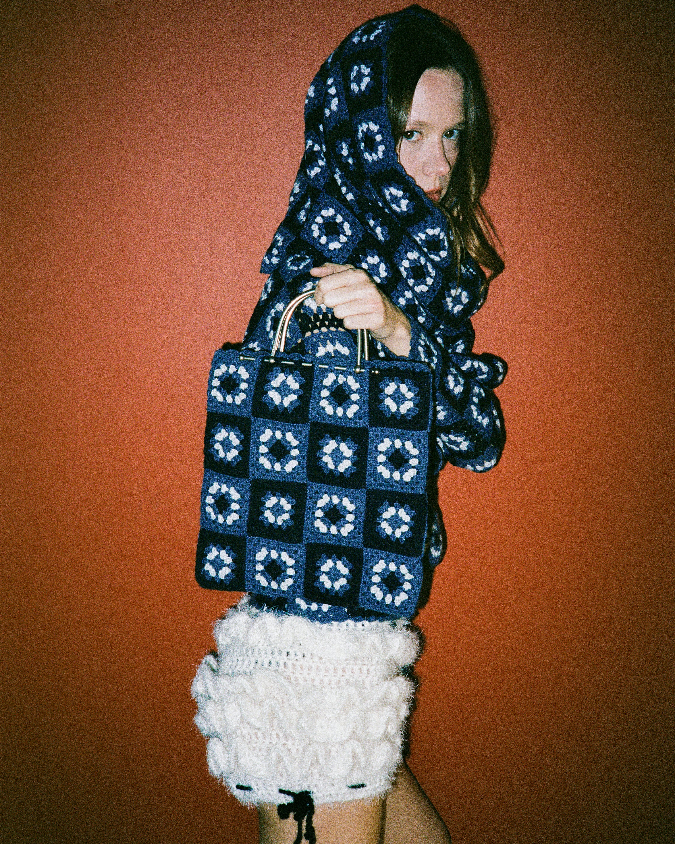 A/W 1999 Blue Crochet Turtleneck Sweater, Scarf and Purse Set