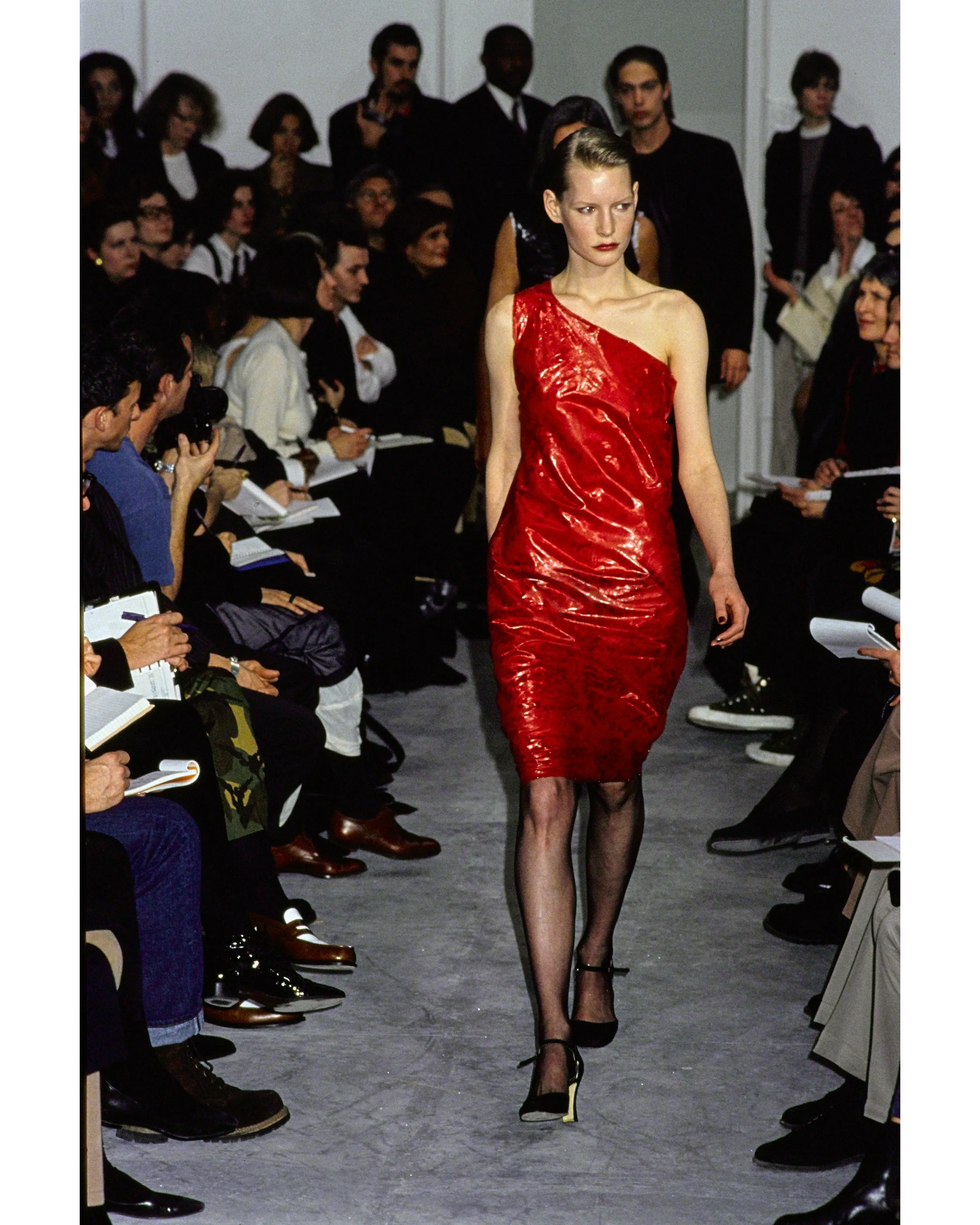 A/W 1994 Red Semi-Sheer One-Shoulder Dress