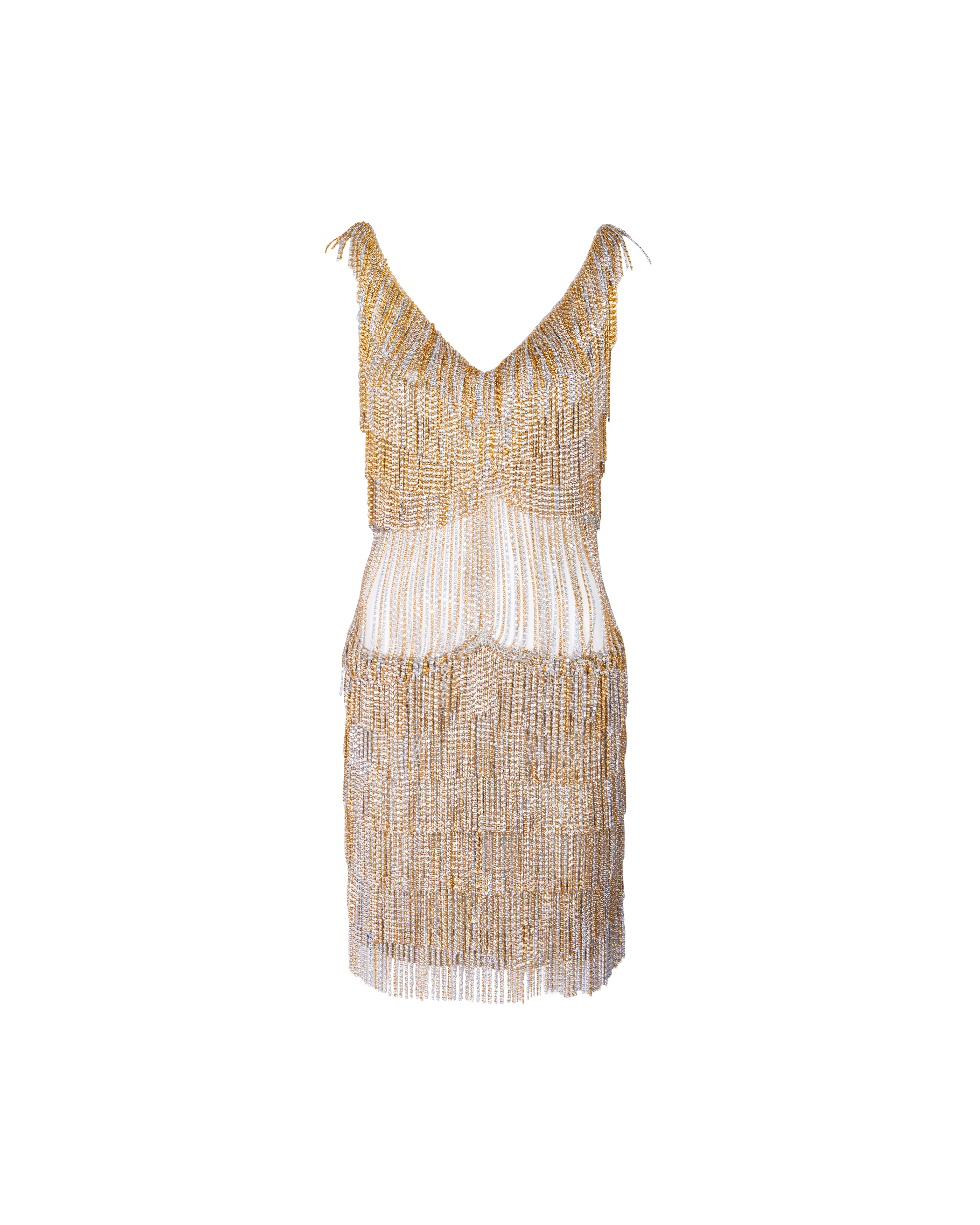 1971 Silver and Gold Chain Fringe Mini Dress