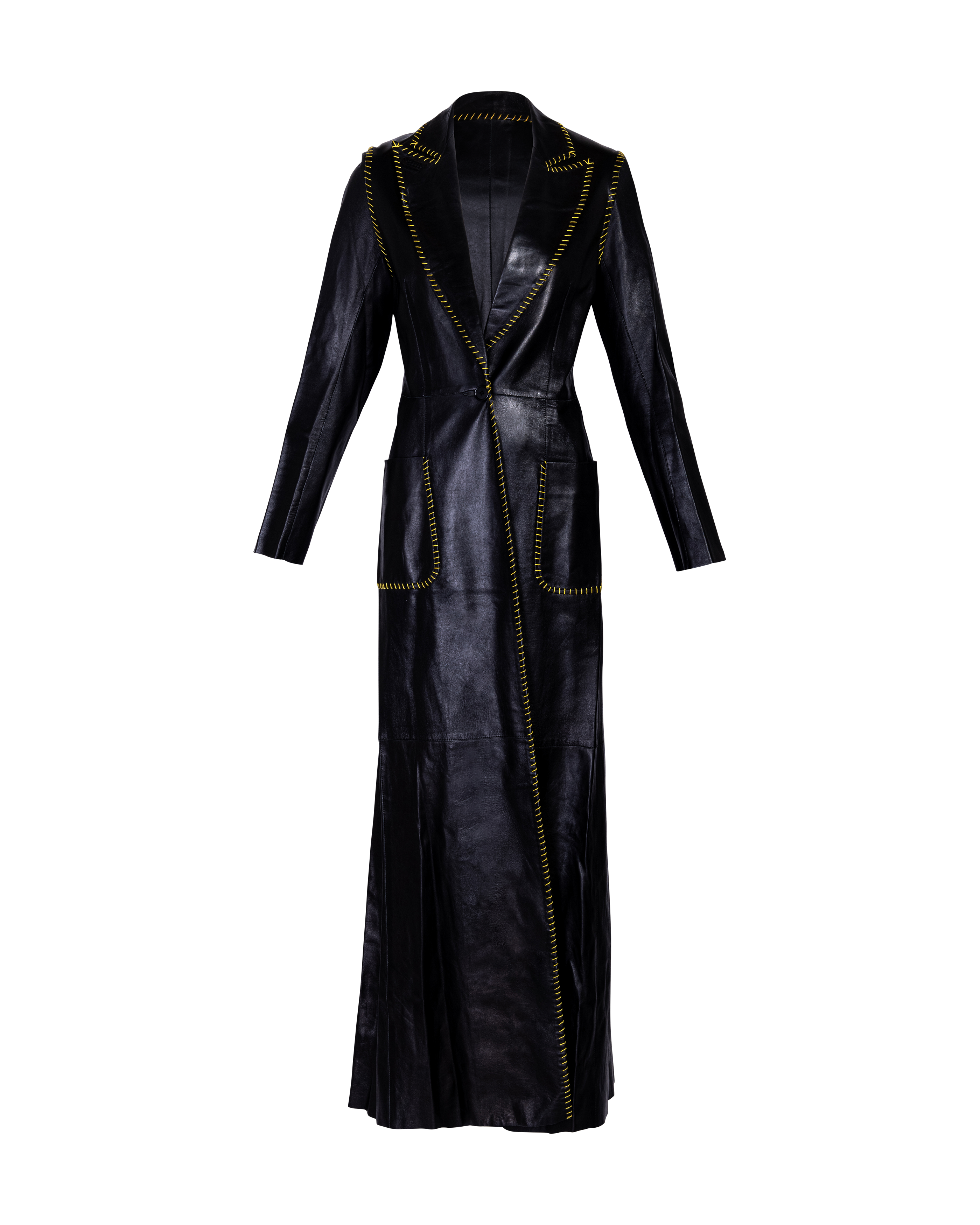 S/S 2000 Black Leather Trench Coat with Yellow Whipstitching