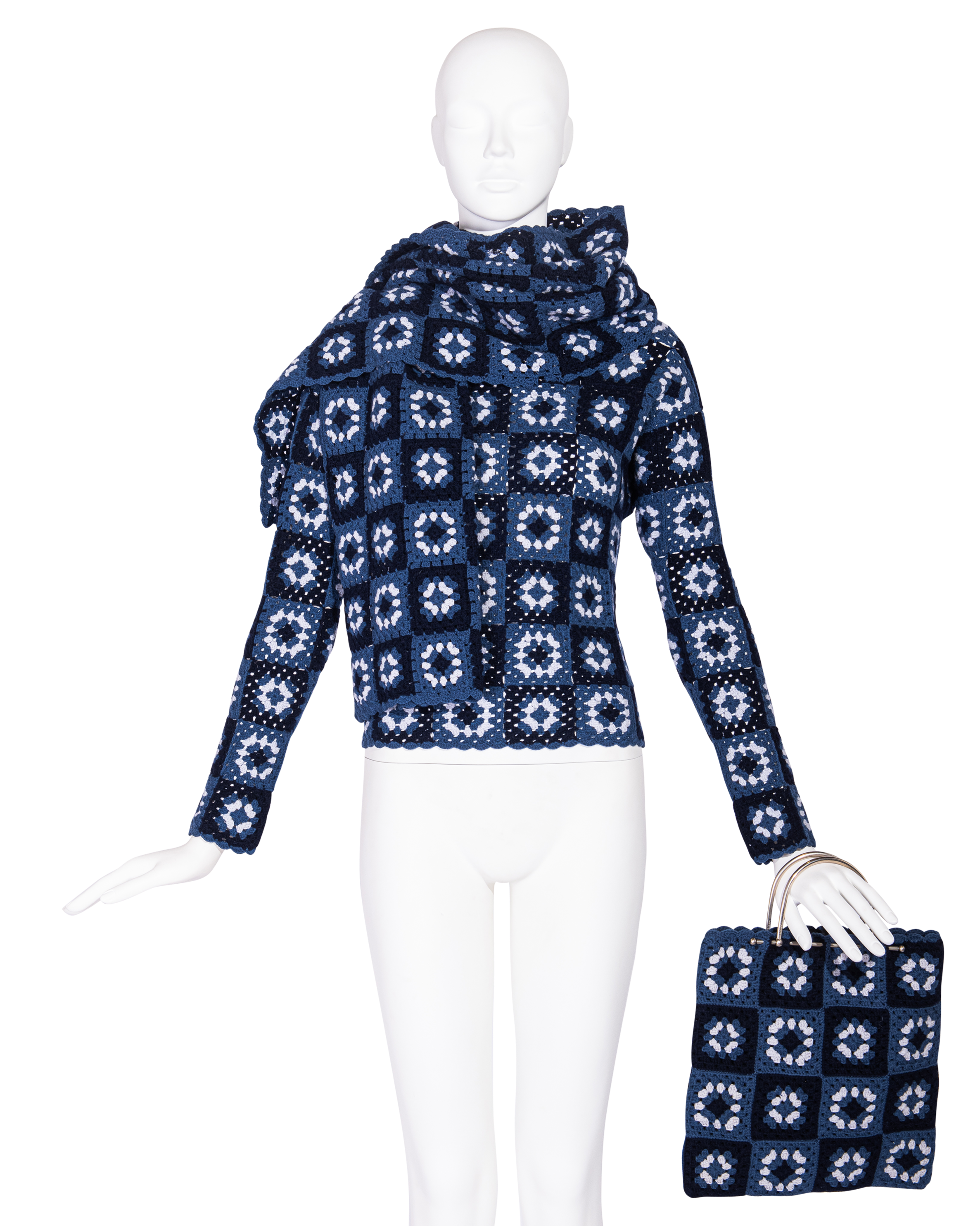 A/W 1999 Blue Crochet Turtleneck Sweater, Scarf and Purse Set