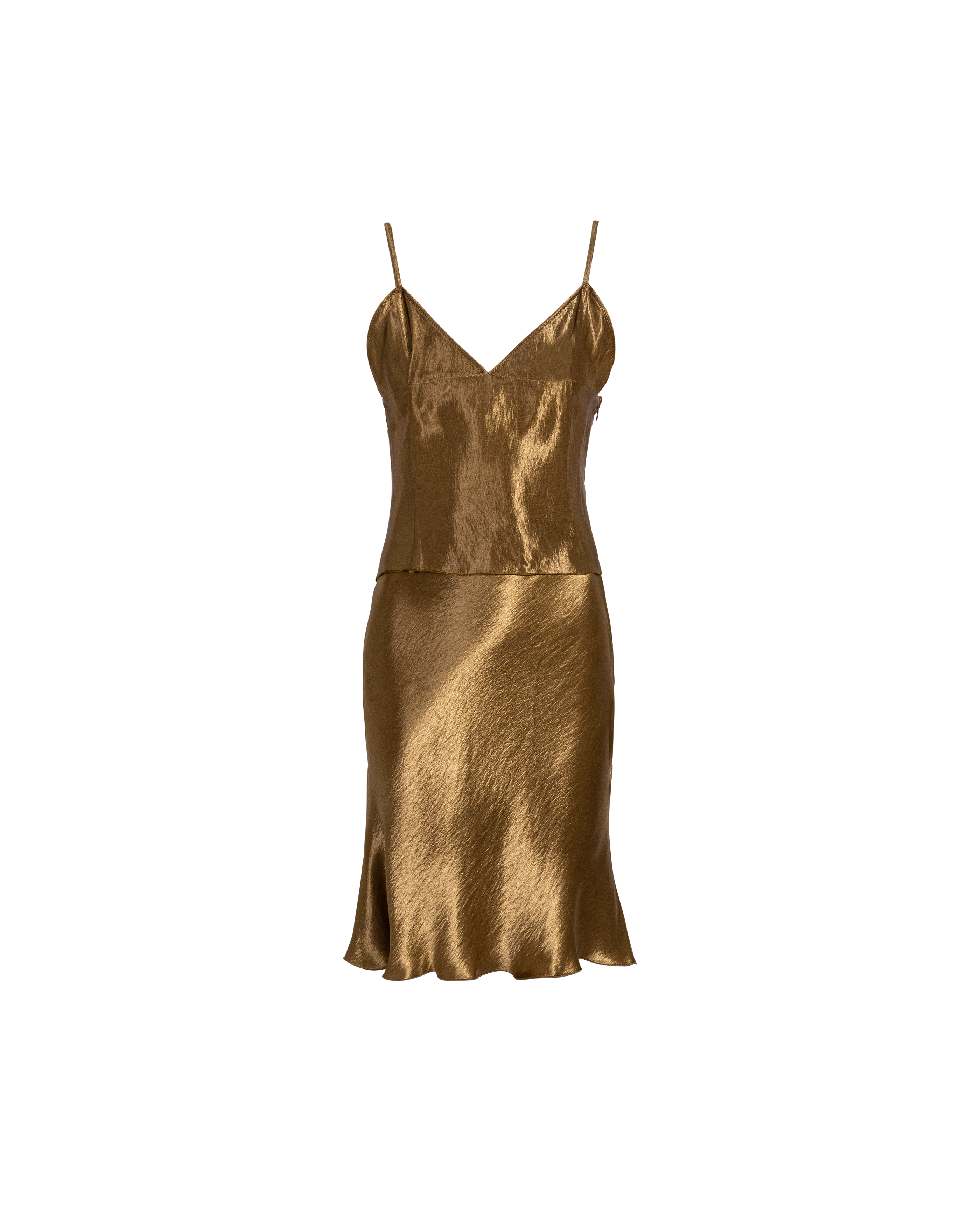 c. 1998 Metallic Gold Sleeveless Top and Bias Cut Skirt Set