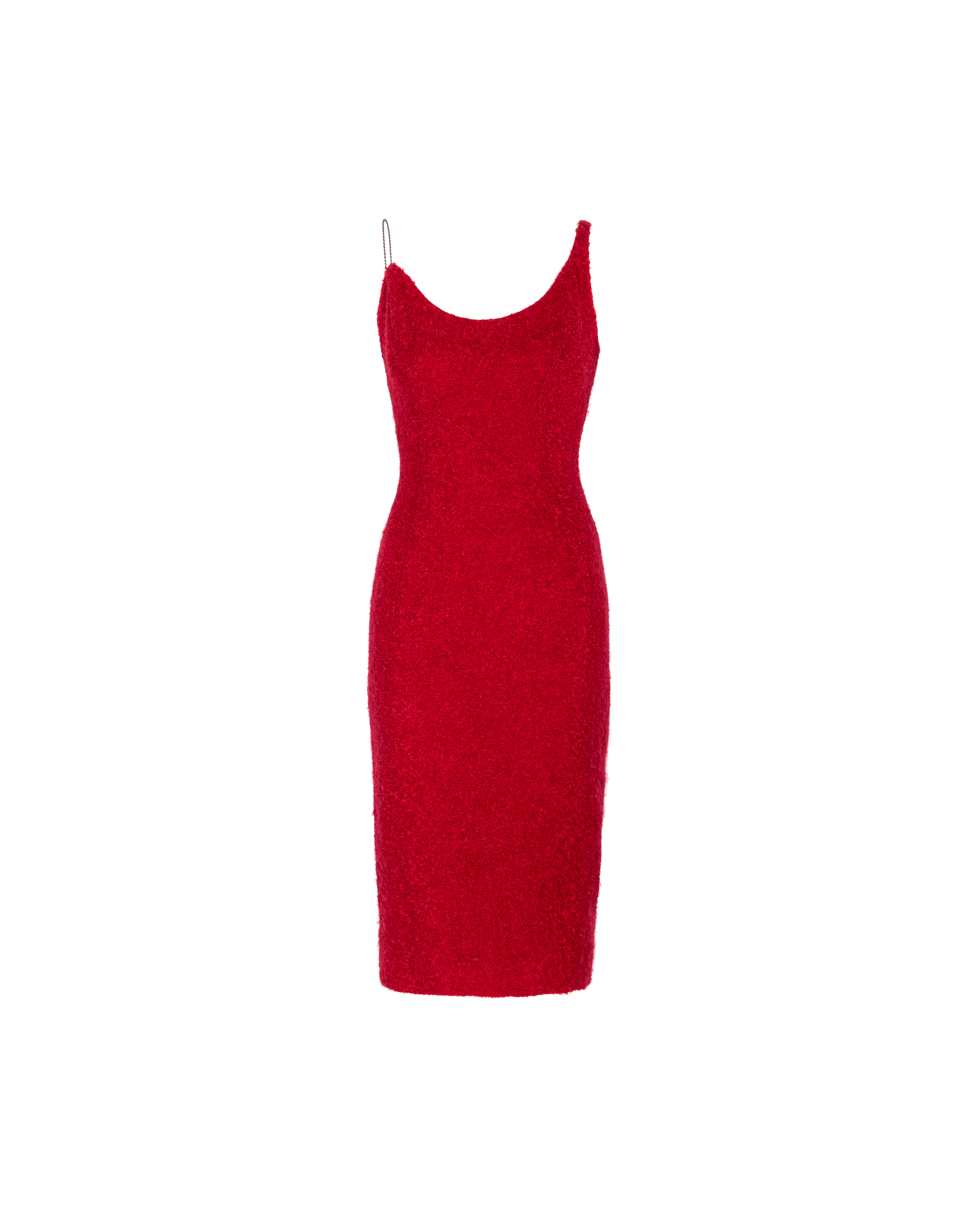 A/W 1999 Red Asymmetrical Boucle Dress with Chain Strap