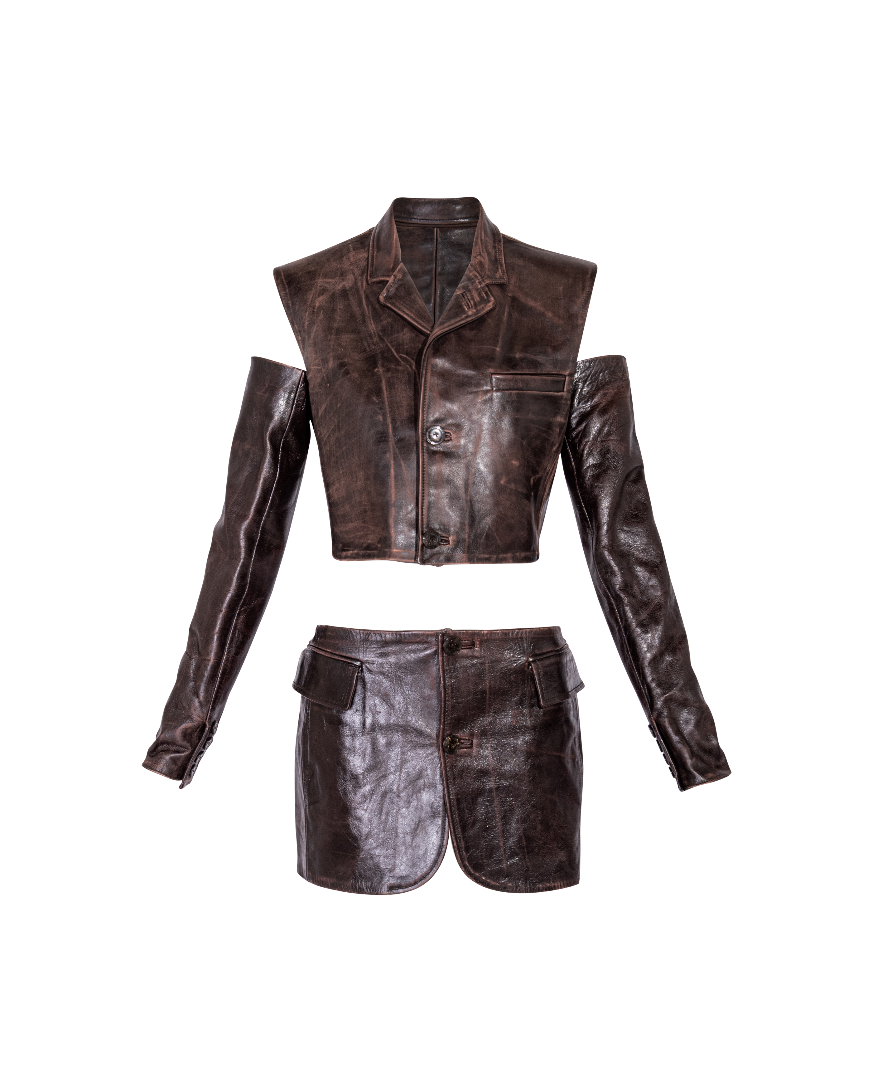 c. 1989 Brown Leather Vest, Mini Skirt and Sleeves Set