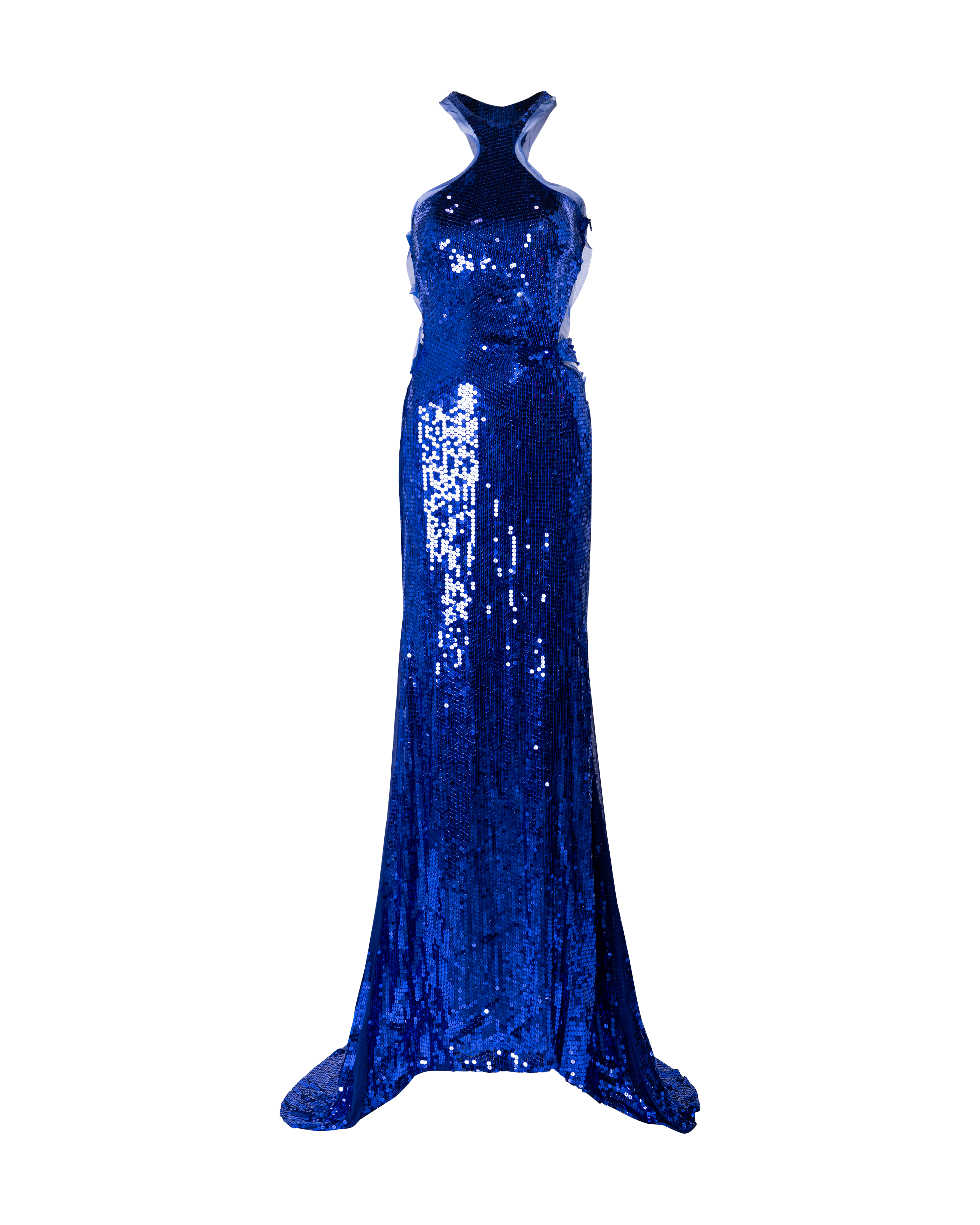 A/W 2004 Blue Cutout Sequin Trained Gown