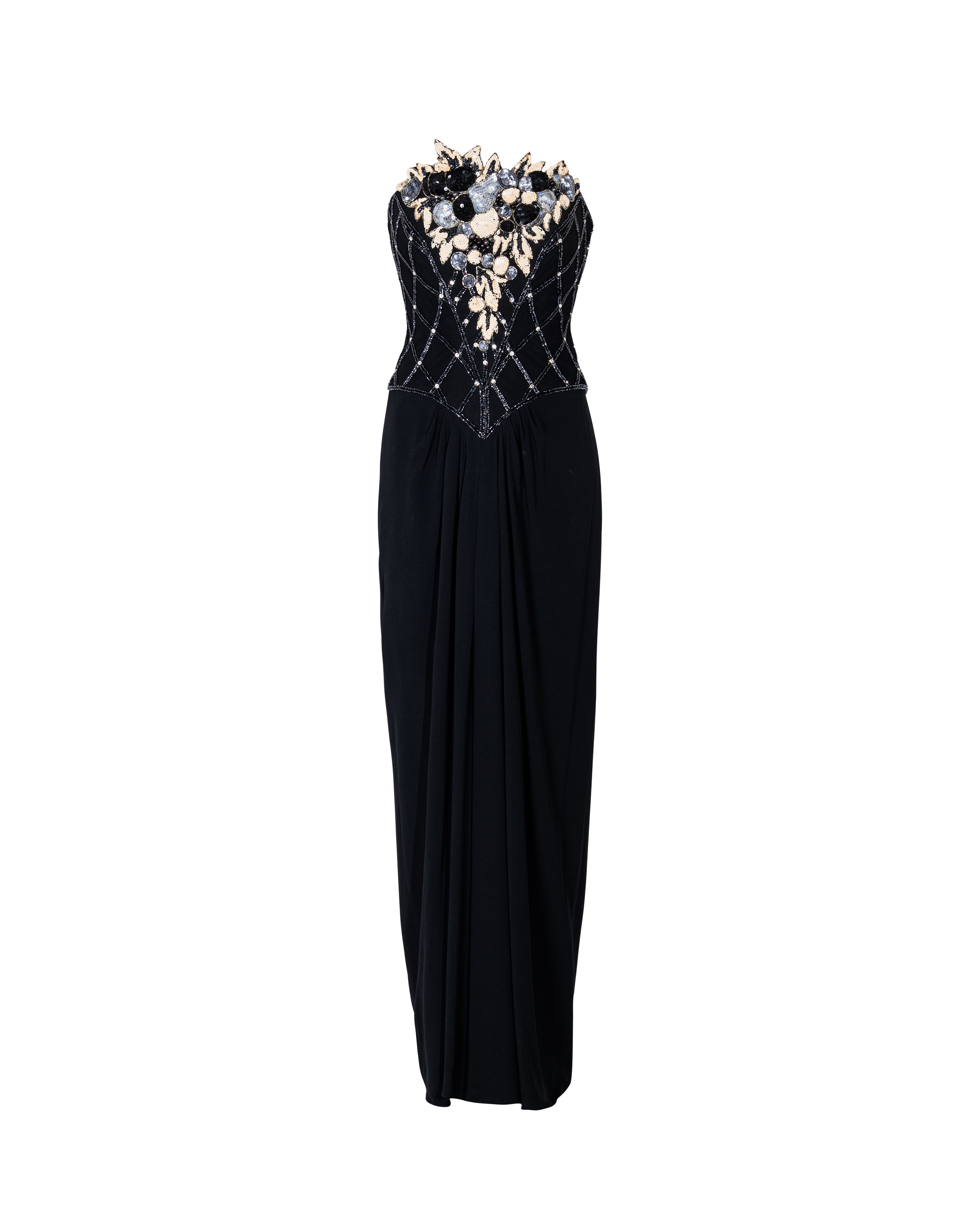 1980's Black, Silver and Cream Embellished Strapless Drape Gown