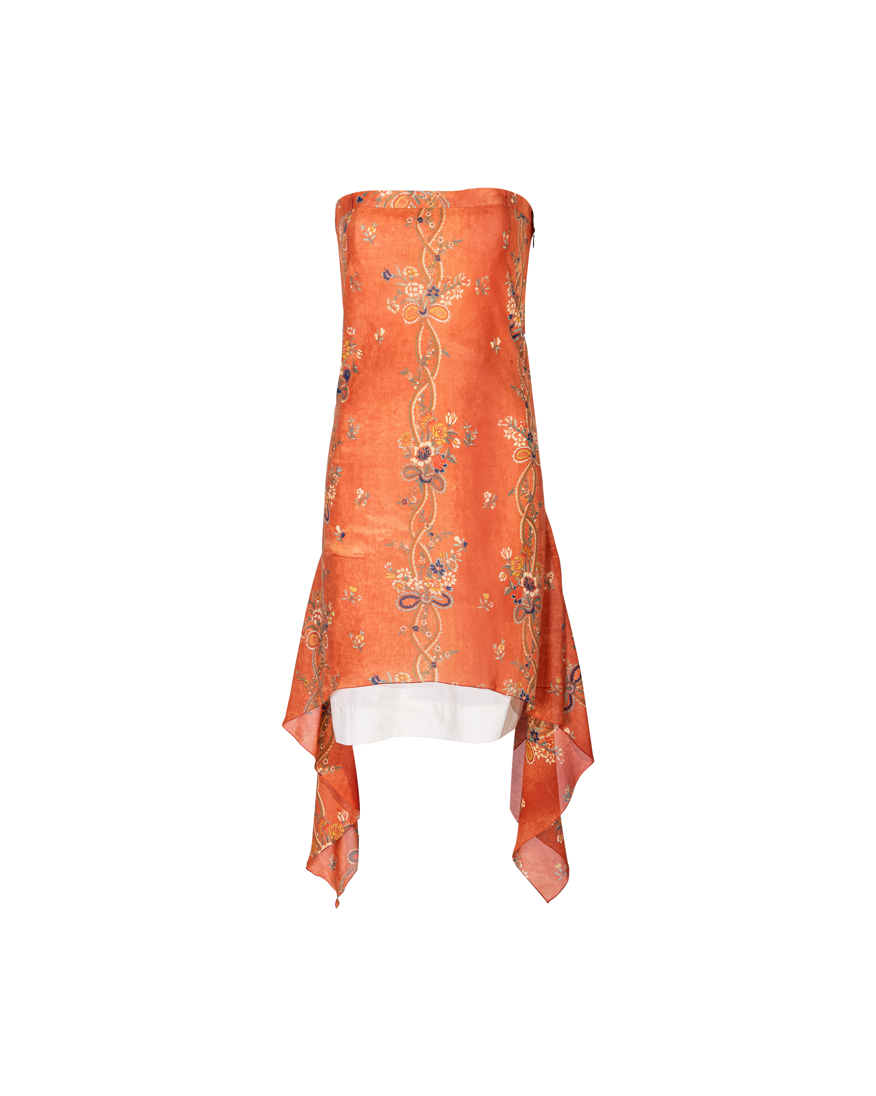 A/W 2000 Rust Orange Floral Pattern Strapless Corset Dress