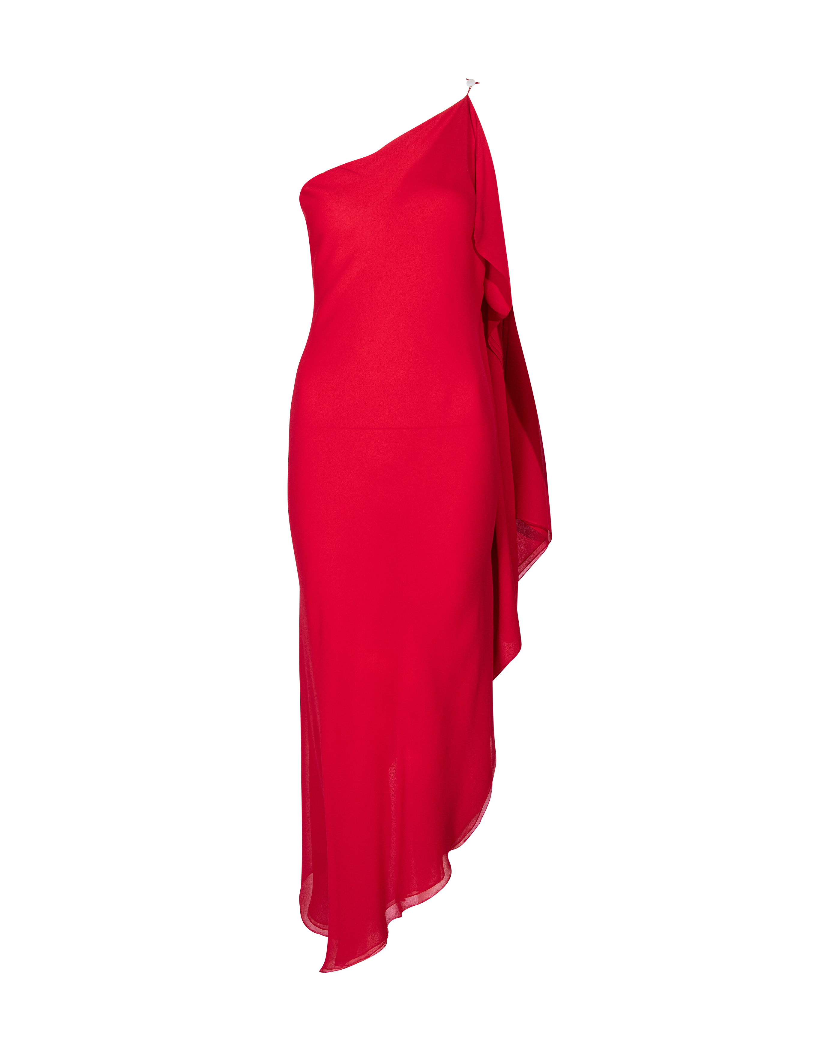 c. 1978 Red Silk Chiffon One-Shoulder Dress and Stole Set