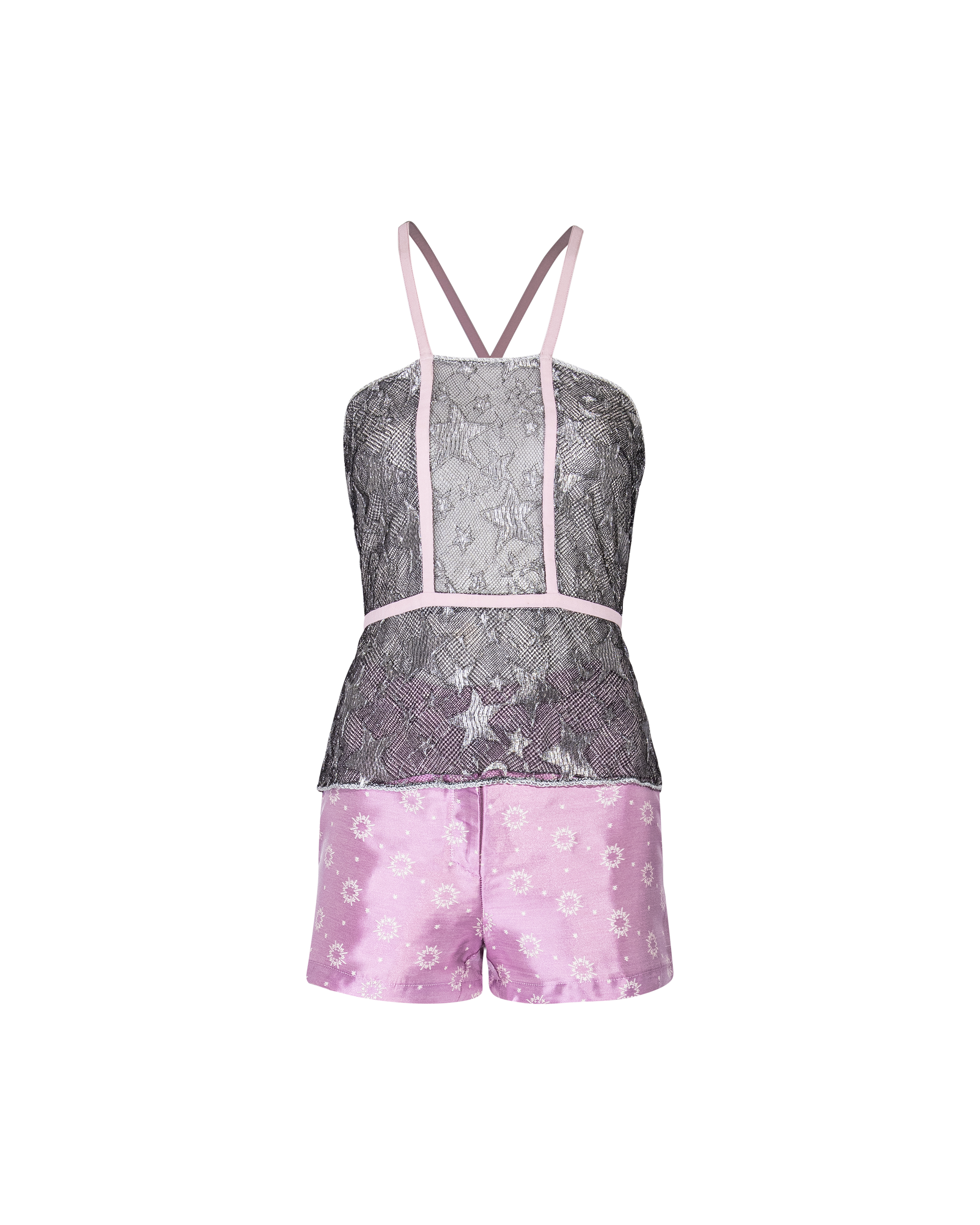 S/S 1998 Silver and Purple Metallic Star Pattern Top and Hot Pants Set