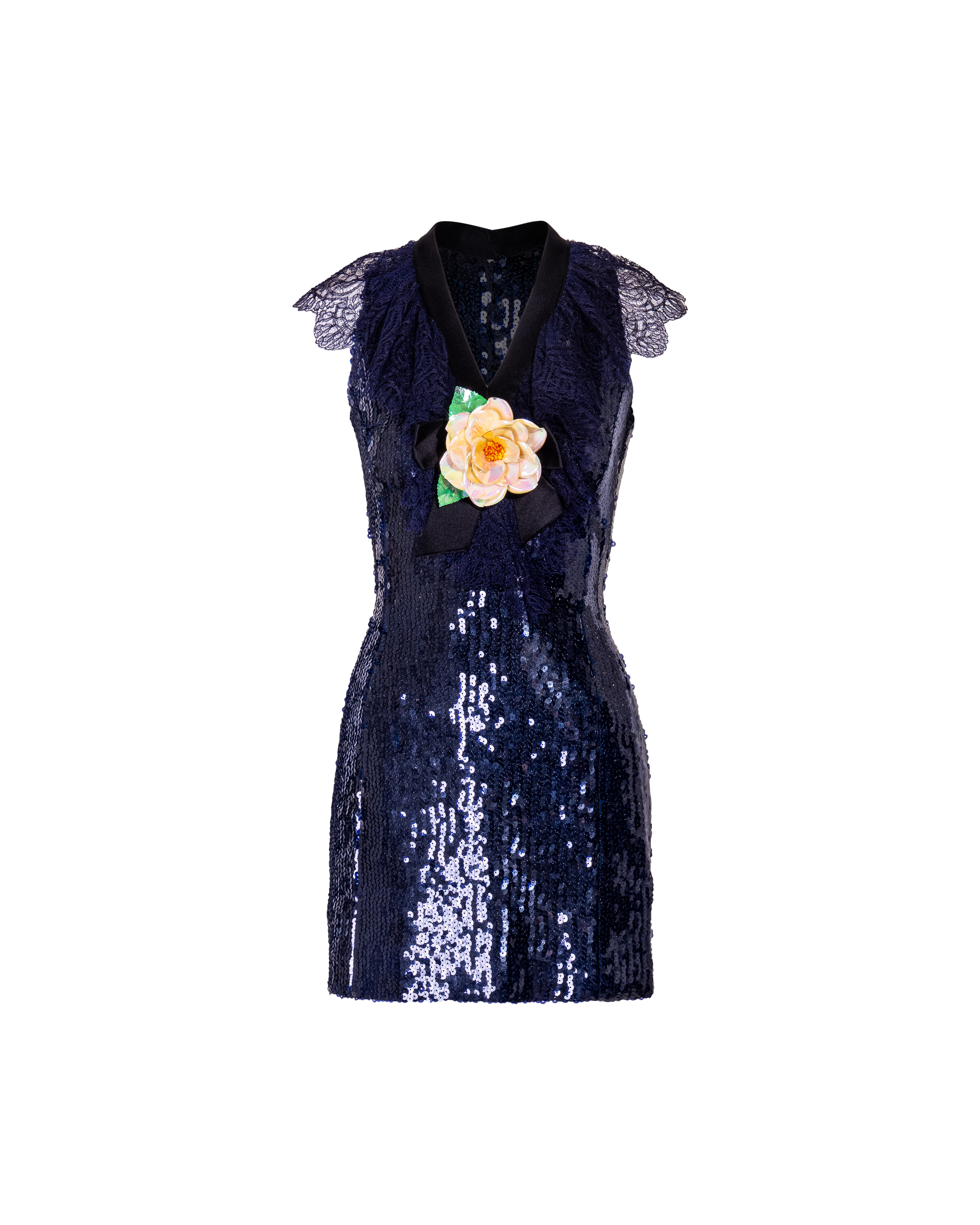 A/W 1994 Midnight Blue Sequin Mini Dress with Iridescent Camellia Brooch