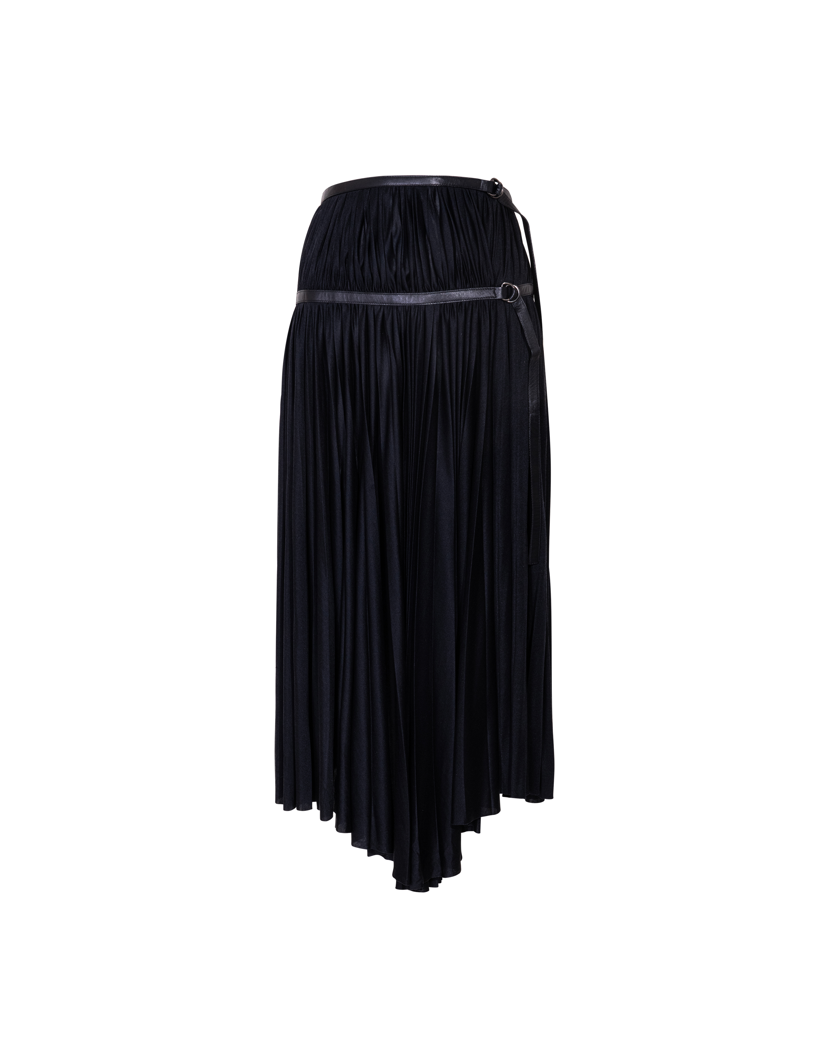 A/W 2002 Black Pleated Silk Jersey Leather Belt Skirt