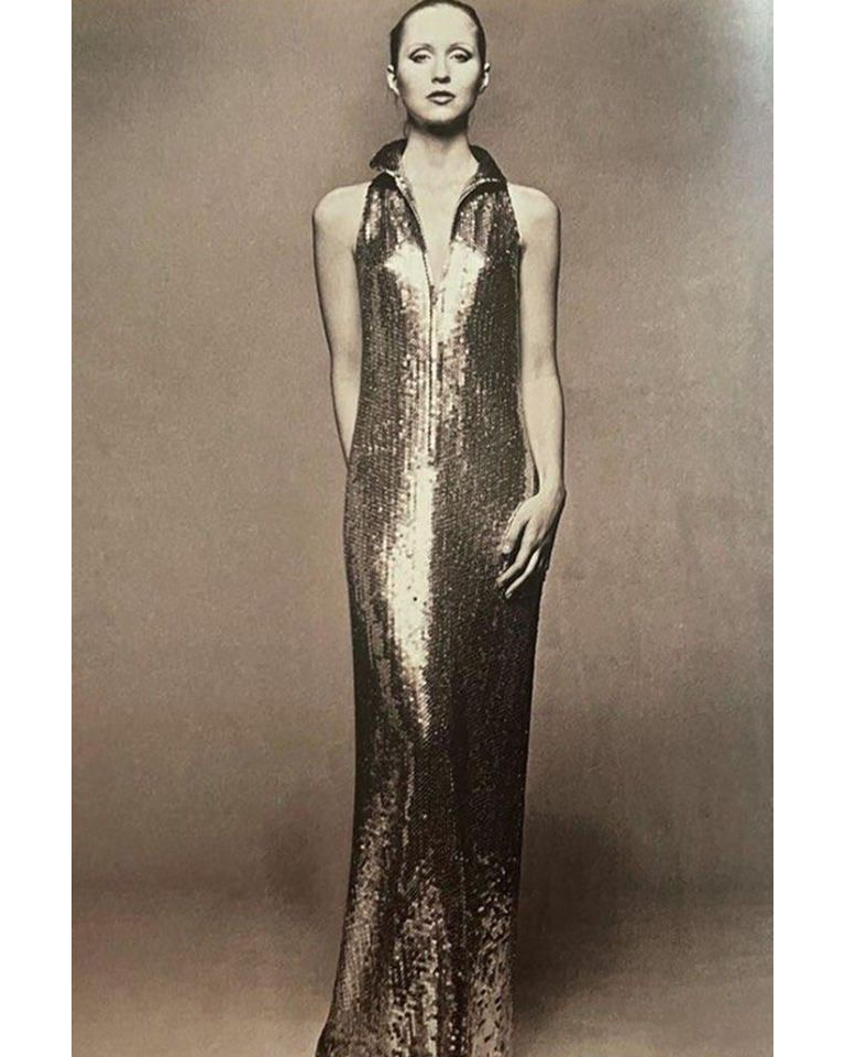 1973 Ecru Fully Sequined Collared Knee Length Dress