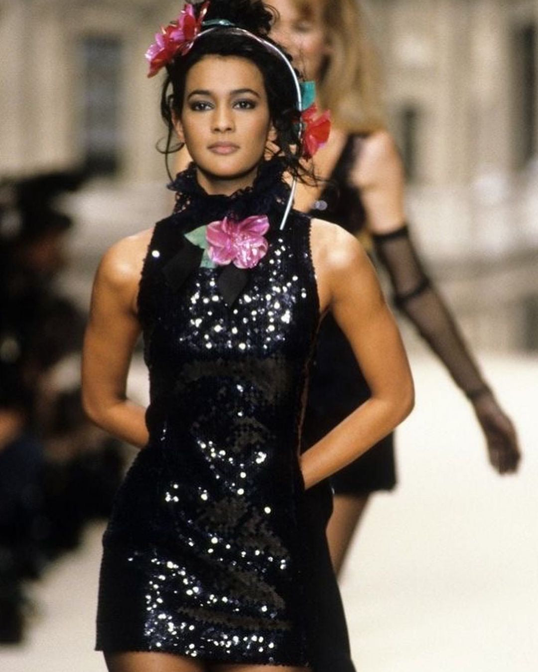 A/W 1994 Midnight Blue Sequin Mini Dress with Iridescent Camellia Brooch