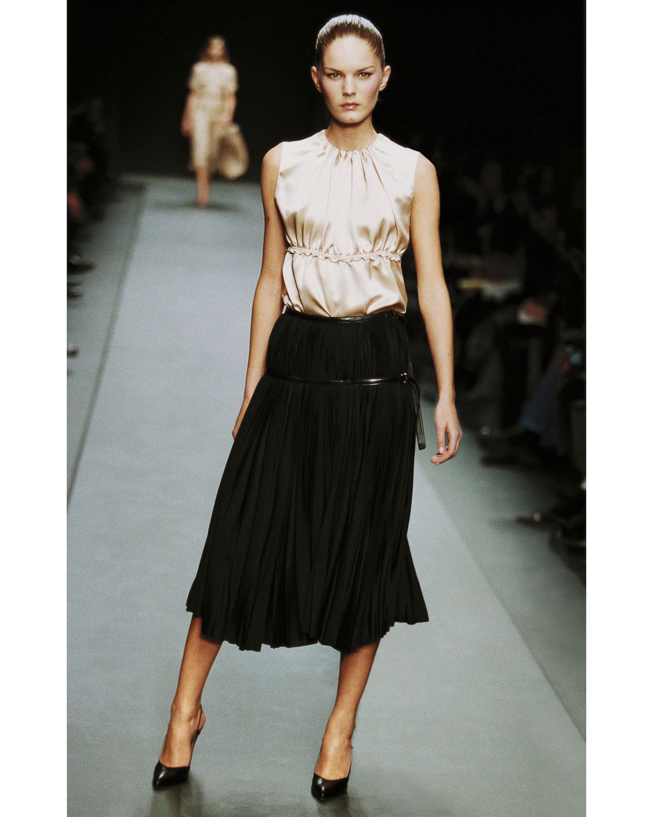 A/W 2002 Black Pleated Silk Jersey Leather Belt Skirt