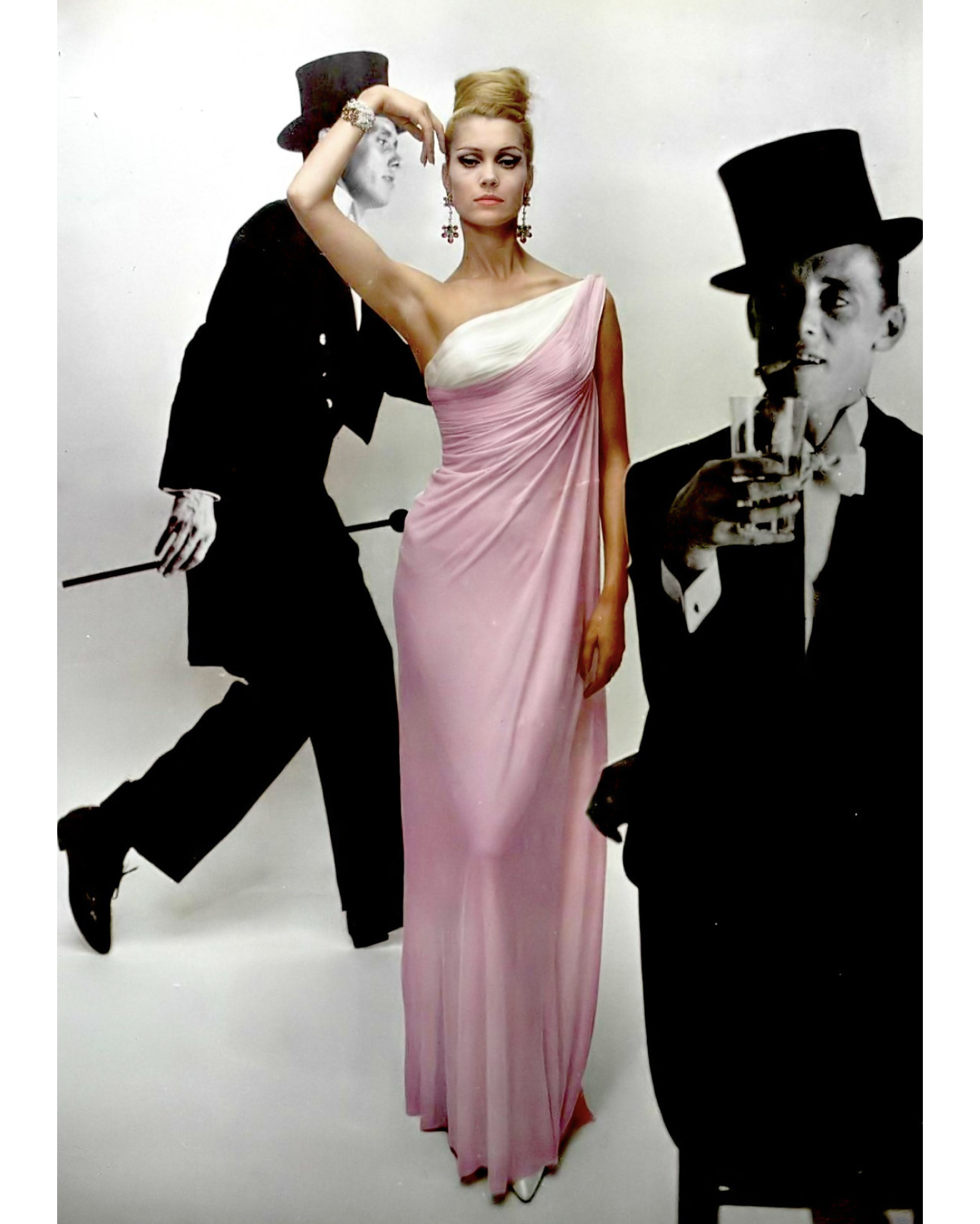 S/S 1963 Haute Couture Hand-Pleated One-Shoulder Pink and Cream Gown