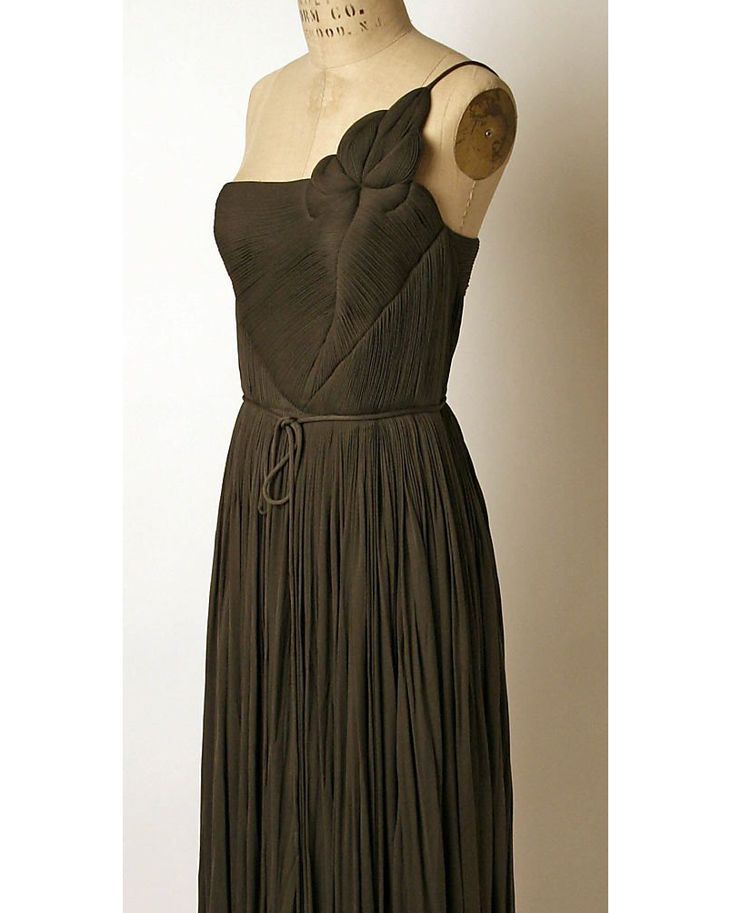 c. 1960 Haute Couture Chocolate Hand-Pleated Jersey Dress