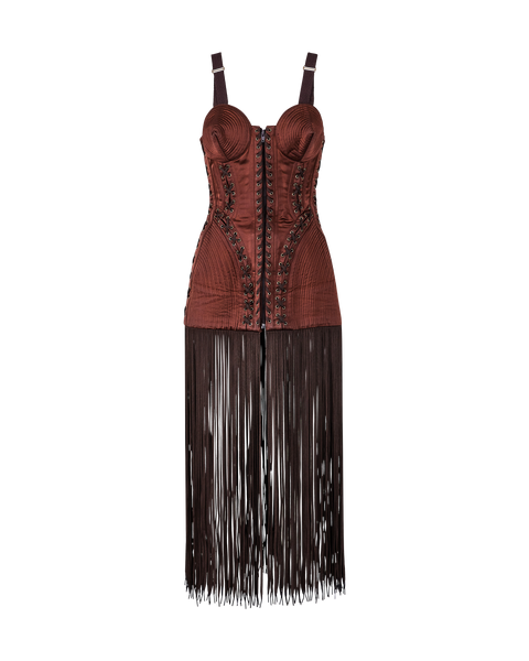 A/W 1990 Brown Cone Bra Corset Dress with Shoestring Fringe